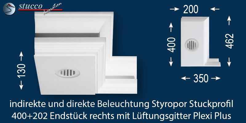 Endstück rechts mit Lüftungsgitter für direkte und indirekte Beleuchtung Essen 400+202 PLEXI PLUS