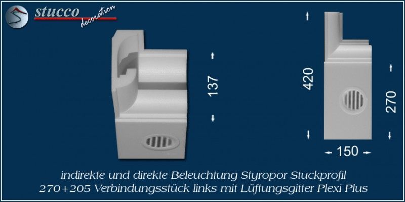 Verbindungsstück links mit Lüftungsgitter für direkte und indirekte Beleuchtung München 270+205 PLEXI PLUS