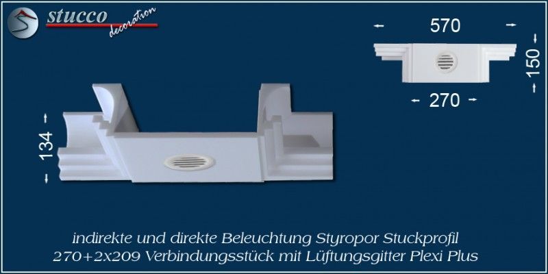 Verbindungsstück mit Lüftungsgitter für direkte und indirekte Beleuchtung Dortmund 270+2x209 PLEXI PLUS