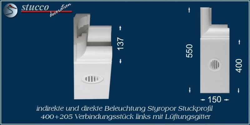 Verbindungsstück links mit Lüftungsgitter für direkte und indirekte Beleuchtung München 400+205 