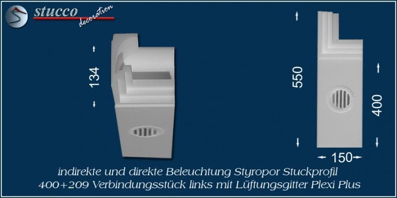 Verbindungsstück links mit Lüftungsgitter für direkte und indirekte Beleuchtung Dortmund 400+209 PLEXI PLUS
