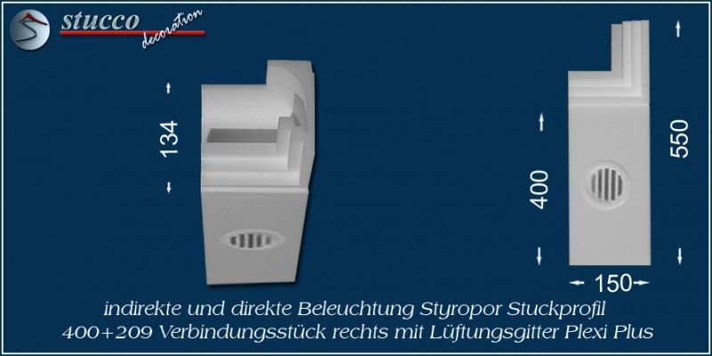 Verbindungsstück rechts mit Lüftungsgitter für direkte und indirekte Beleuchtung Dortmund 400+209 PLEXI PLUS