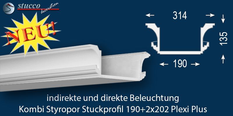 Stuckleiste für direkte und indirekte Beleuchtung Essen 190+2x202 PLEXI PLUS