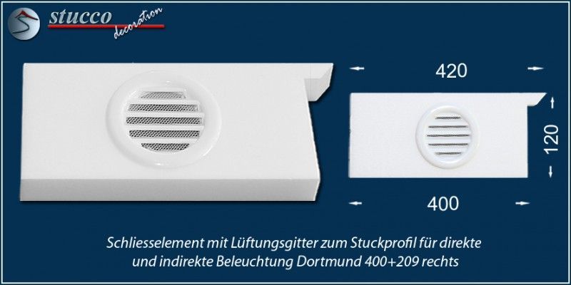 Schließelement mit Lüftungsgitter zum Stuckprofil für direkte und indirekte Beleuchtung Dortmund 400+209 rechts