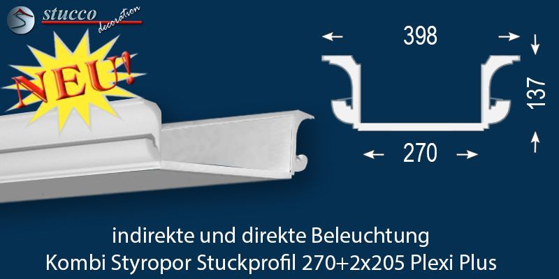 Stuckleiste für direkte und indirekte Deckenbeleuchtung München 270+2x205 PLEXI PLUS