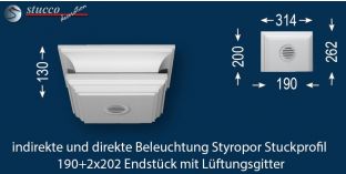 Endstück mit Lüftungsgitter für direkte und indirekte Beleuchtung Essen 190+2x202