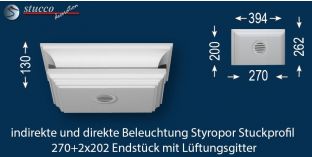 Endstück mit Lüftungsgitter für direkte und indirekte Beleuchtung Essen 270+2x202