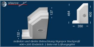Endstück 2 links mit Lüftungsgitter für direkte und indirekte Beleuchtung München 400+205