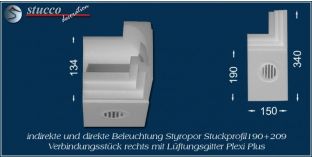 Verbindungsstück rechts mit Lüftungsgitter für direkte und indirekte Beleuchtung Dortmund 190+209 PLEXI PLUS