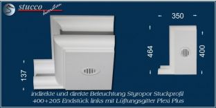 Endstück links mit Lüftung zum Stuckprofil 400+205 PLEXI PLUS