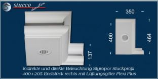 Endstück rechts mit Lüftung zum Stuckprofil 400+205 PLEXI PLUS
