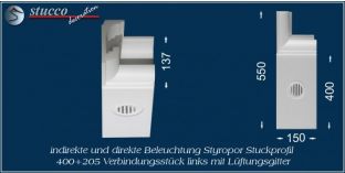 Verbindungsstück links mit Lüftungsgitter für direkte und indirekte Beleuchtung München 400+205 