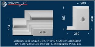 Endstück links mit Lüftungsgitter für direkte und indirekte Beleuchtung Dortmund 400+209 PLEXI PLUS