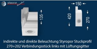 Verbindungsstück links mit Lüftungsgitter für direkte und indirekte Beleuchtung Essen 270+202