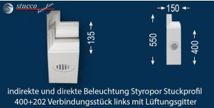 Verbindungsstück links mit Lüftungsgitter für direkte und indirekte Beleuchtung Essen 400+202