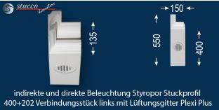 Verbindungsstück links mit Lüftungsgitter zum L-Profil 400+202 PLEXI PLUS