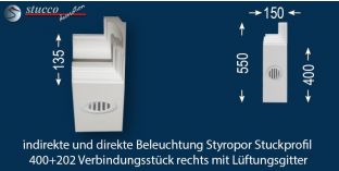 Verbindungsstück rechts mit Lüftungsgitter für direkte und indirekte Beleuchtung Essen 400+202