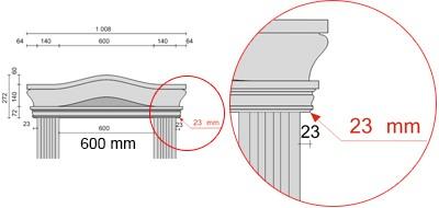 Bema&szlig;te Zeichnung f&uuml;r seitlichen &Uuml;berstand des Tympanons von 23 mm