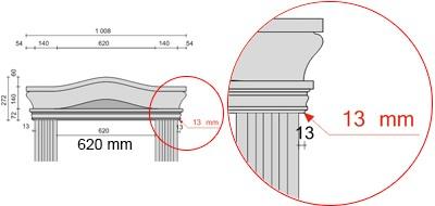 Bema&szlig;te Zeichnung f&uuml;r seitlichen &Uuml;berstand des Tympanons von 13 mm