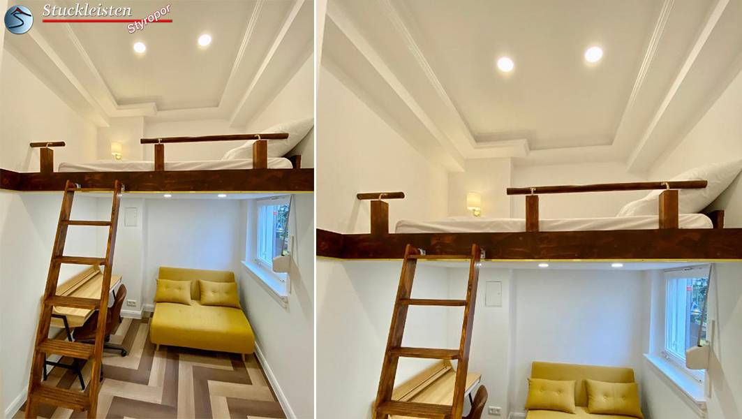 Lichtplanung im kleinen Schlafzimmer mit Styroporstuck und LEDs verwirklicht