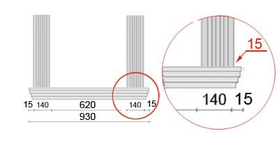 Bemaßte Zeichnung für seitlichen Überstand der Fensterbank von 15 mm Bemaßte Zeichnung für seitlichen Überstand der Fensterbank von 15 mm