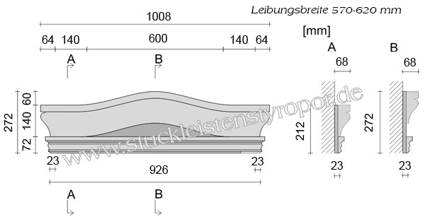 Beispielzeichnung mit Maßen für Bogengiebel Stuckprofil 150-117