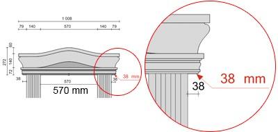 Bemaßte Zeichnung für seitlichen Überstand des Bogengiebels von 38 mm
