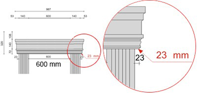 Bemaßte Zeichnung für seitlichen Überstand der Fenstergiebel Dreieckbekrönung von 23 mm Bemaßte Zeichnung für seitlichen Überstand der Fenstergiebel Dreieckbekrönung von 23 mm