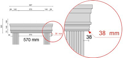 Bemaßte Zeichnung für seitlichen Überstand der Dreieckbekrönung Fenstergiebel von 38 mm Bemaßte Zeichnung für seitlichen Überstand der Dreieckbekrönung Fenstergiebel von 38 mm