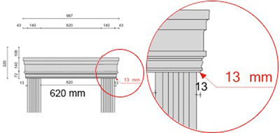 Bemaßte Zeichnung für seitlichen Überstand der Fenstergiebel Dreieckbekrönung von 13 mm Bemaßte Zeichnung für seitlichen Überstand der Fenstergiebel Dreieckbekrönung von 13 mm
