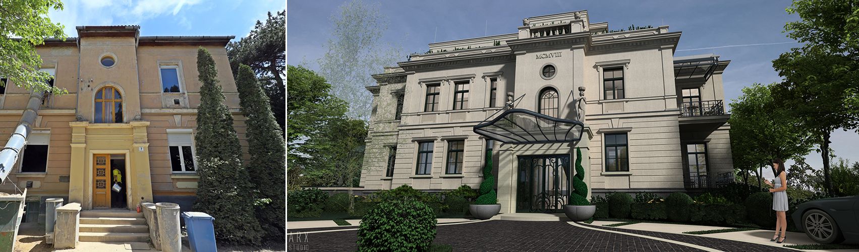 Fassadensanierung mit stoßfestem Fassadenstuck aus Styropor – eine alte Villa wird zum 5-Sterne-Hotel