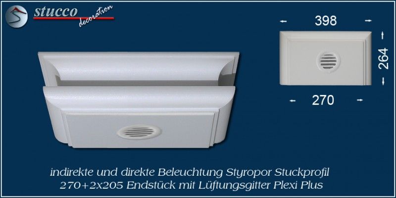 Endstück mit Lüftungsgitter für direkte und indirekte Beleuchtung München 270+2x205 PLEXI PLUS