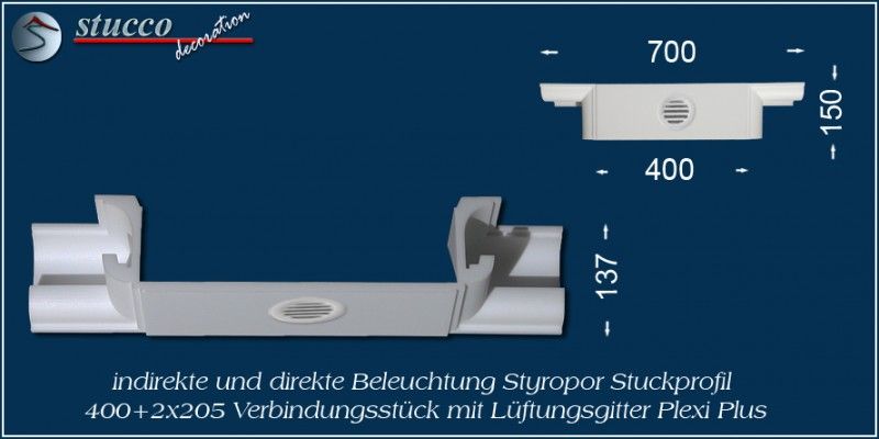 Verbindungsstück mit Lüftungsgitter für direkte und indirekte Beleuchtung München 400+2x205 PLEXI PLUS