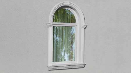 Fertige Fensterverzierung mit Rundbogen, Kombi-Eckelementen, Zierprofilen und kompletter Aluminium-Fensterbank