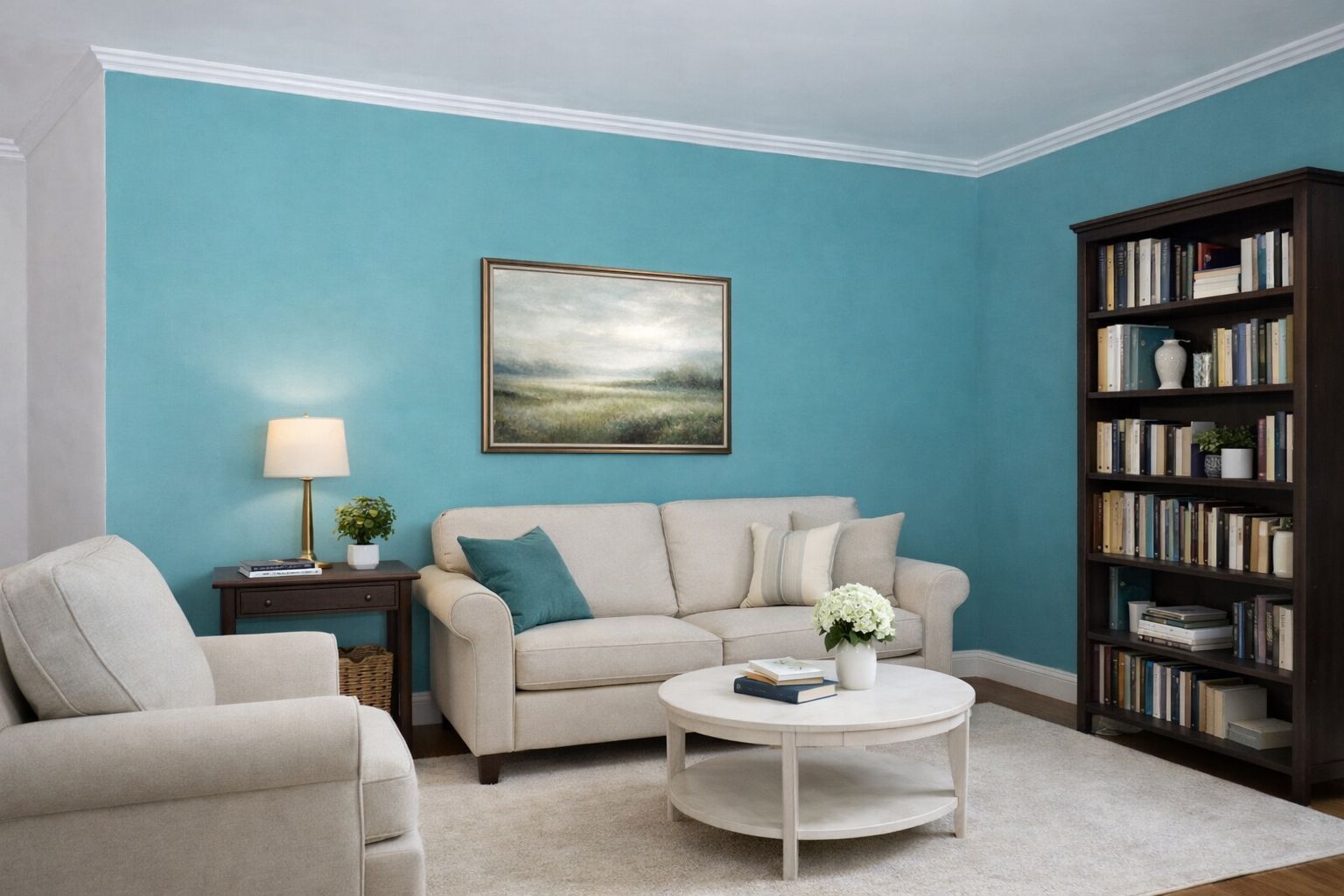 Elegantes Wohnzimmer in Türkisblau mit Styropor Stuckleisten Elegantes Wohnzimmer in Türkisblau mit Styropor Stuckleisten