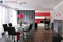 Styroporleisten für eine farbenfrohe moderne Küche mit Essbereich